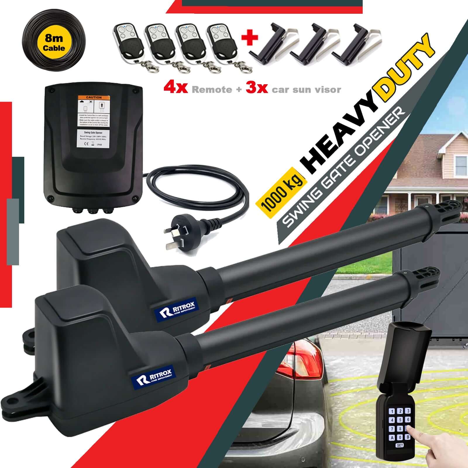 RITROX RX602 Waterproof Swing Gate Opener with Keypad and Remote Controls, Compatible with Garageway Systems