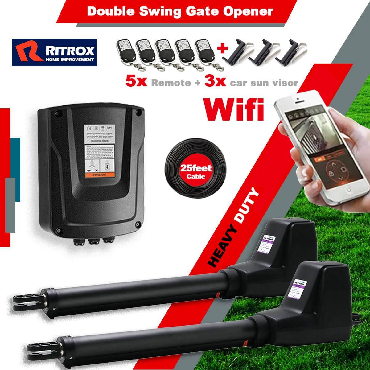 Ritrox RX602 Wifi Swing Gate Opener with dual arms, 5 remotes, waterproof control box, compatible with Garageway.