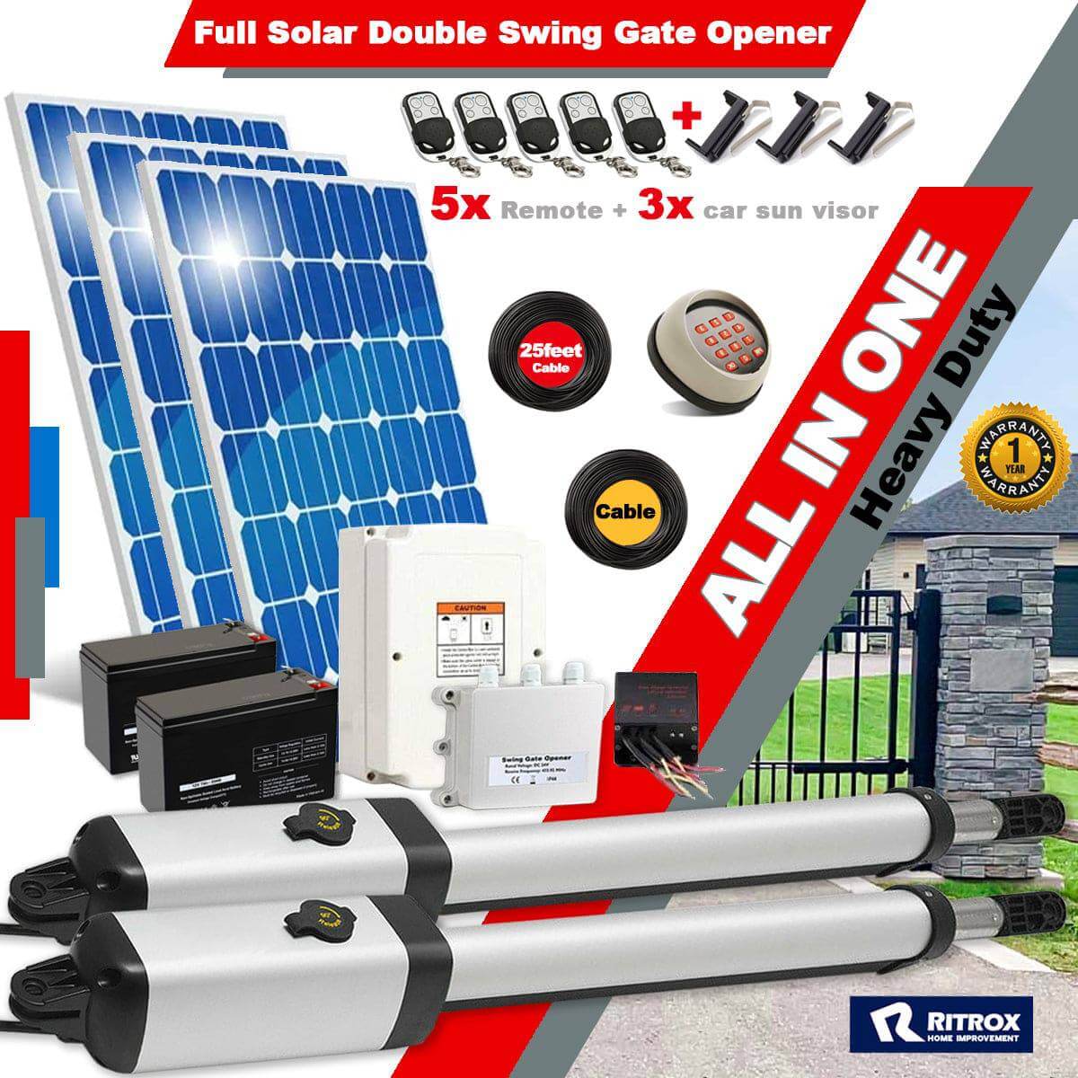 RITROX RXD365S Solar Gate Opener Kit with double swing arms, remotes, solar panels and controller, ideal for Garageway gates.