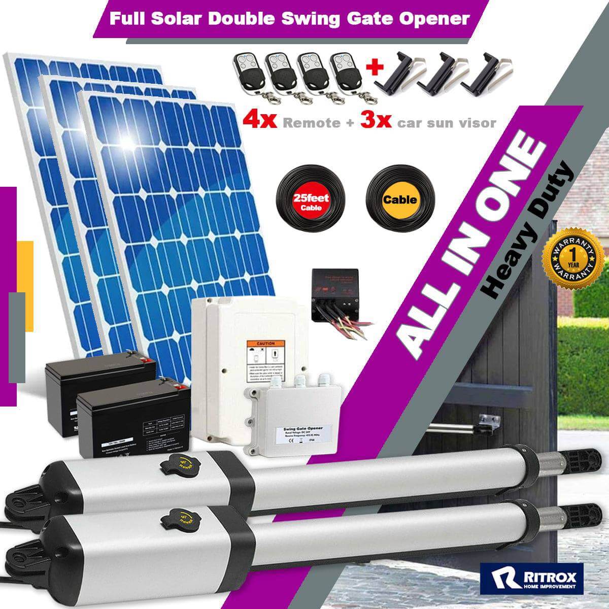 RITROX RXD365S full solar double gate opener with swing arms, remote controls, solar panels, and accessories, ideal for garageway use.
