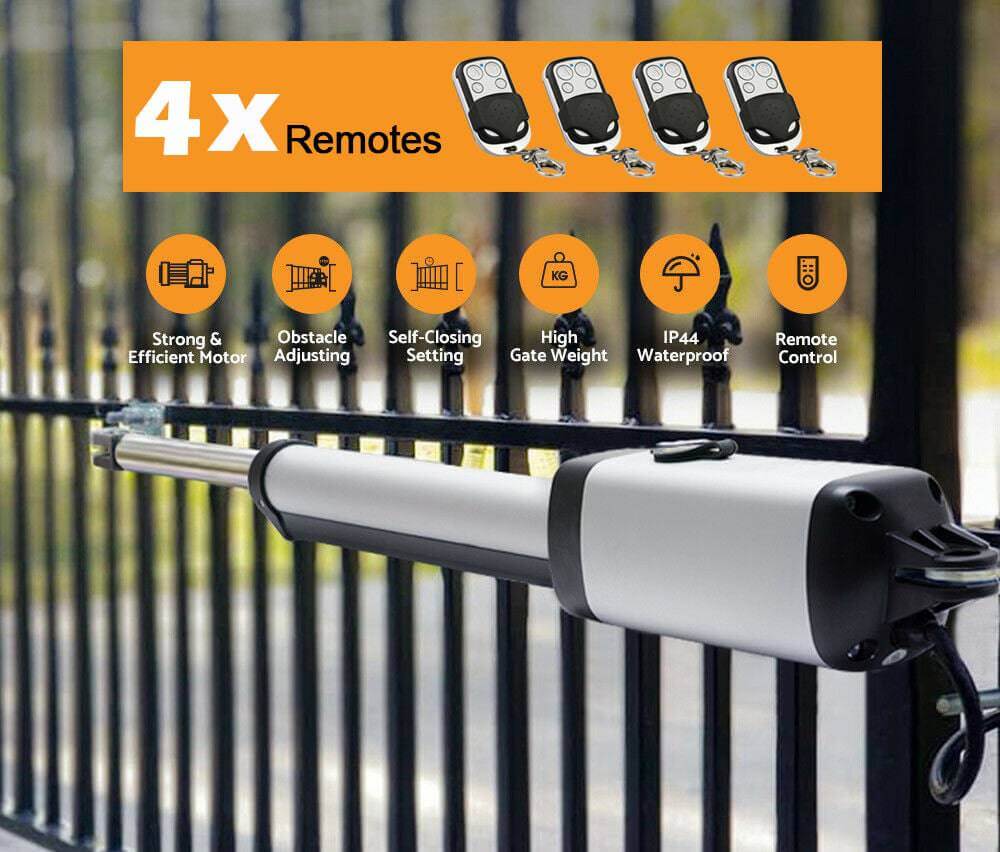 RITROX RXD365S solar gate opener with remote, showing features: strong motor, obstacle adjusting, self-closing, IP44 waterproof.