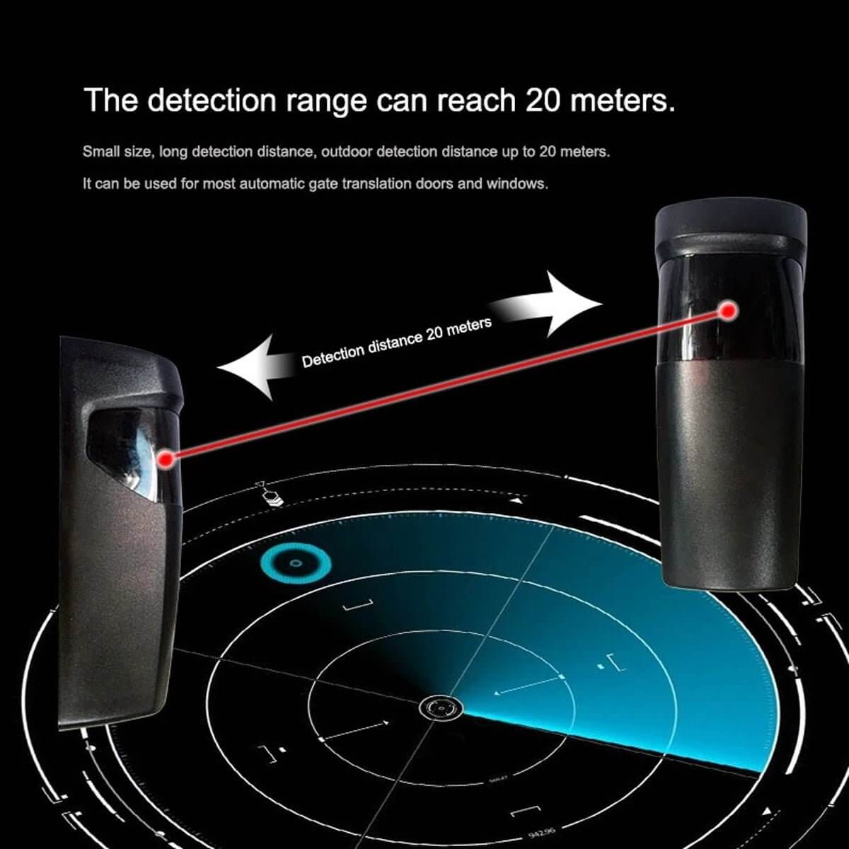 Infographic of gate motor detection range up to 20 meters with radar-like graphics and device images for Garageway products.