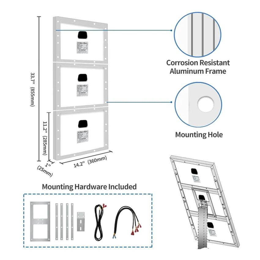 Diagram of a solar panel with dimensions, corrosion-resistant aluminum frame, mounting holes, and included mounting hardware.