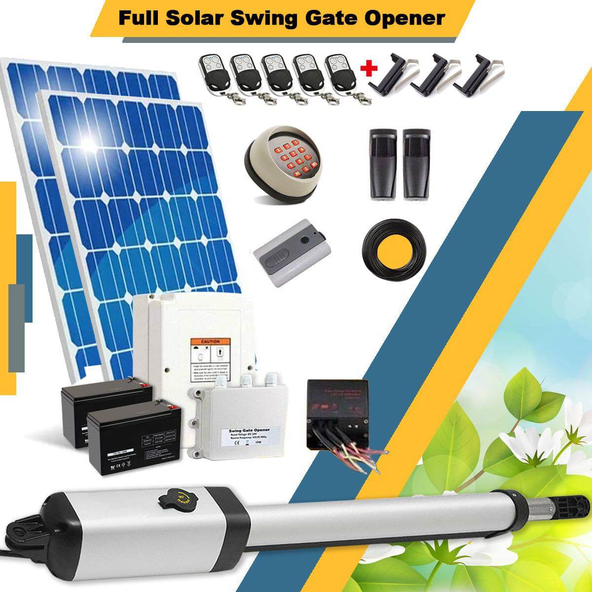 Ritrox Full Solar RX365S Single Gate Opener with accessories, solar panels, and control boxes for garageway gates.