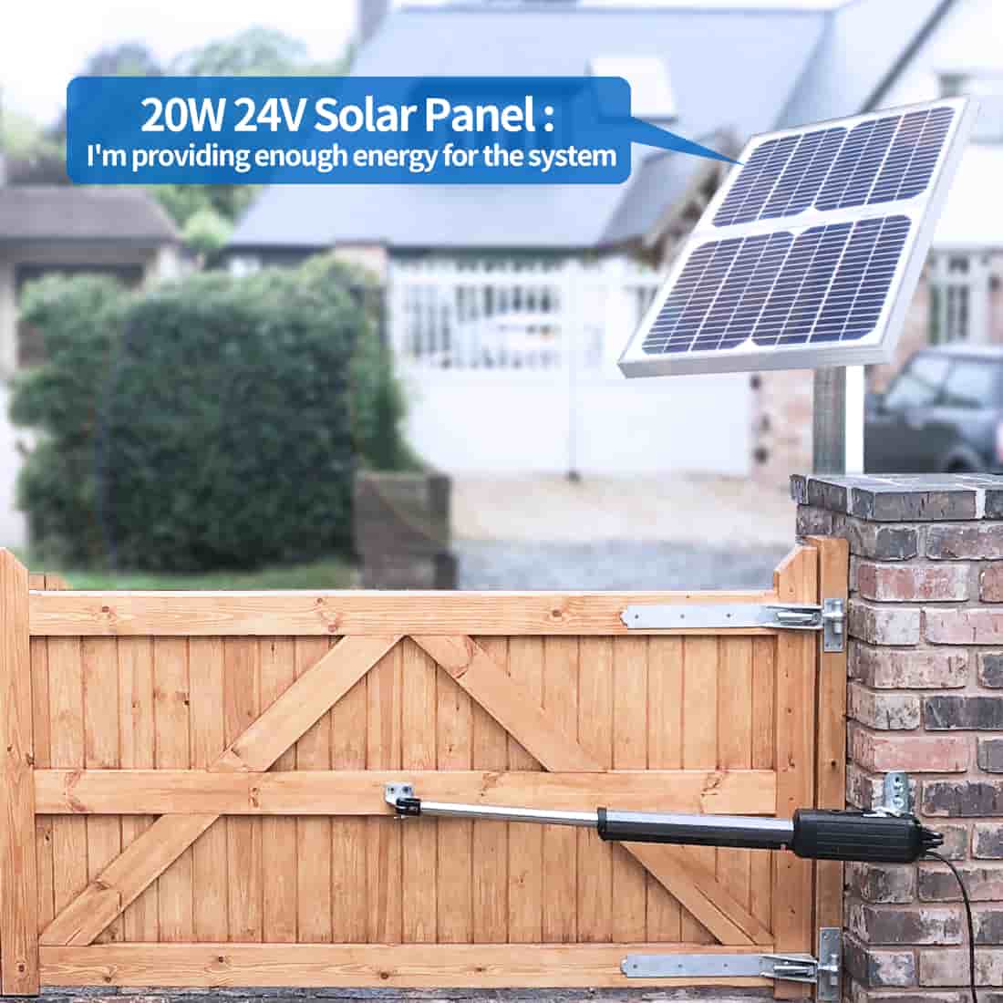 Ritrox Solar RX365S Single Swing Gate Motor with 20W solar panel installed on a wooden gate in a residential setting.