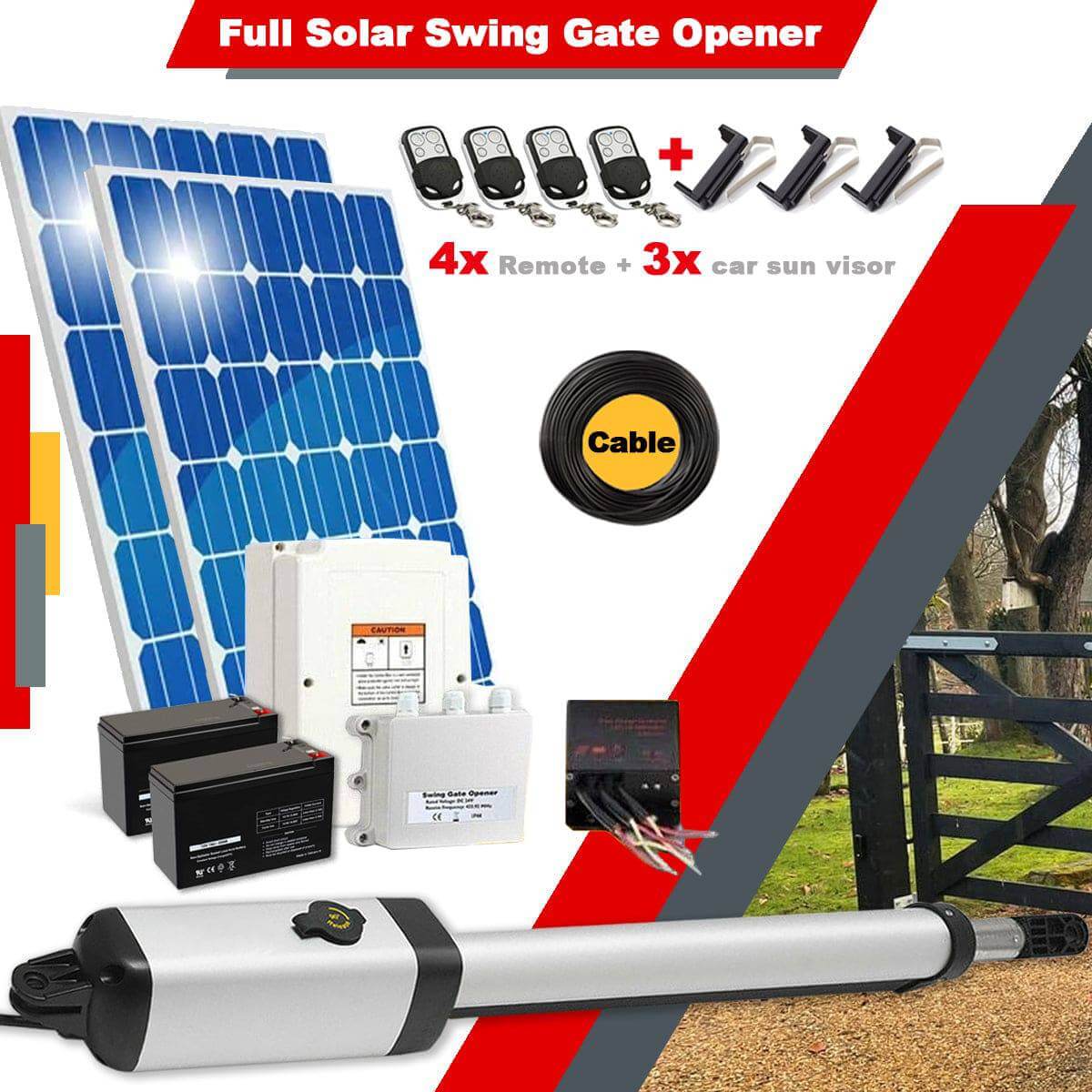 Ritrox Solar RX365S Single Swing Gate Motor with solar panel, remote controls, and accessories for gates up to 5m and 500kg. Garageway.