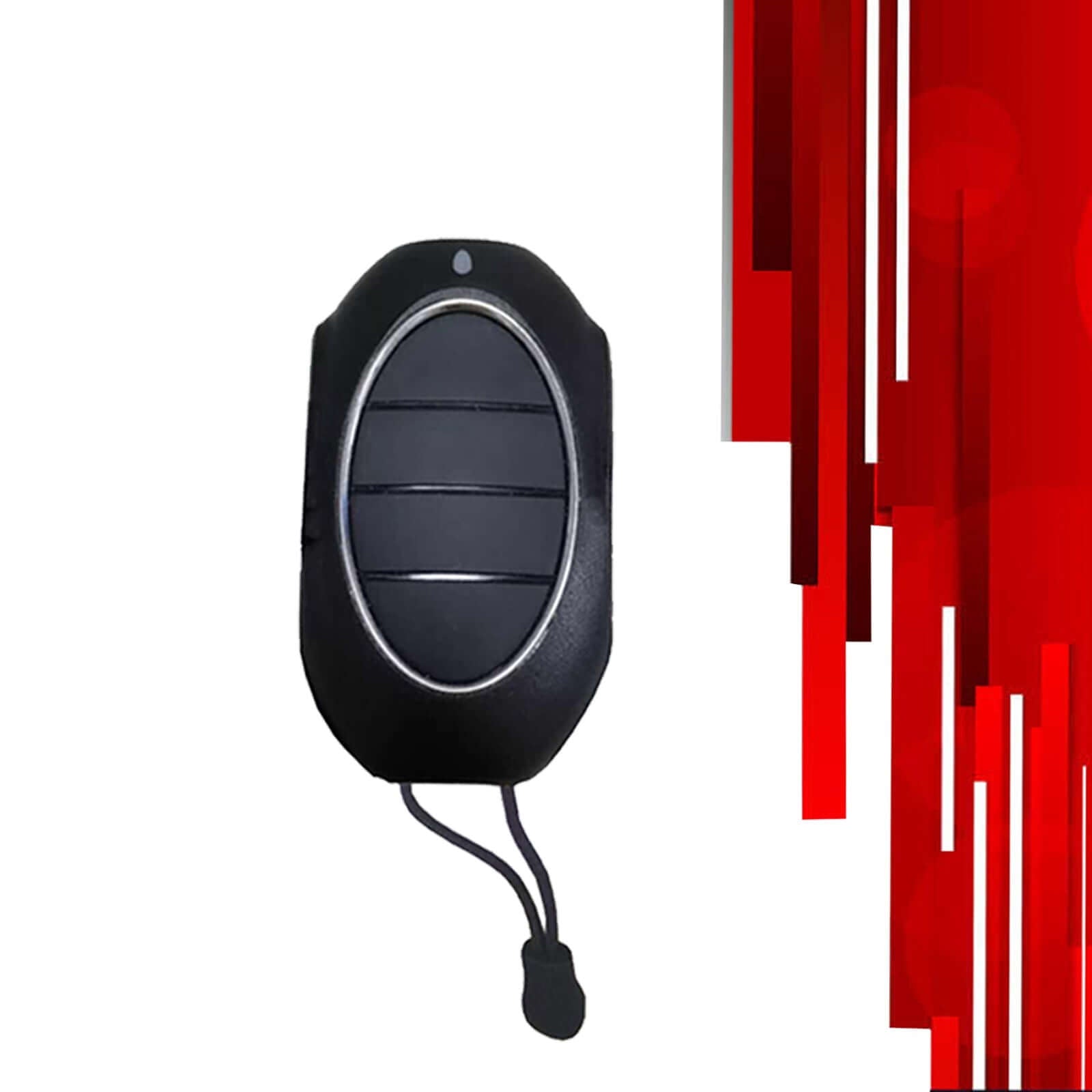 Remote control for Garageway roller door opener with four buttons and a sleek black design.