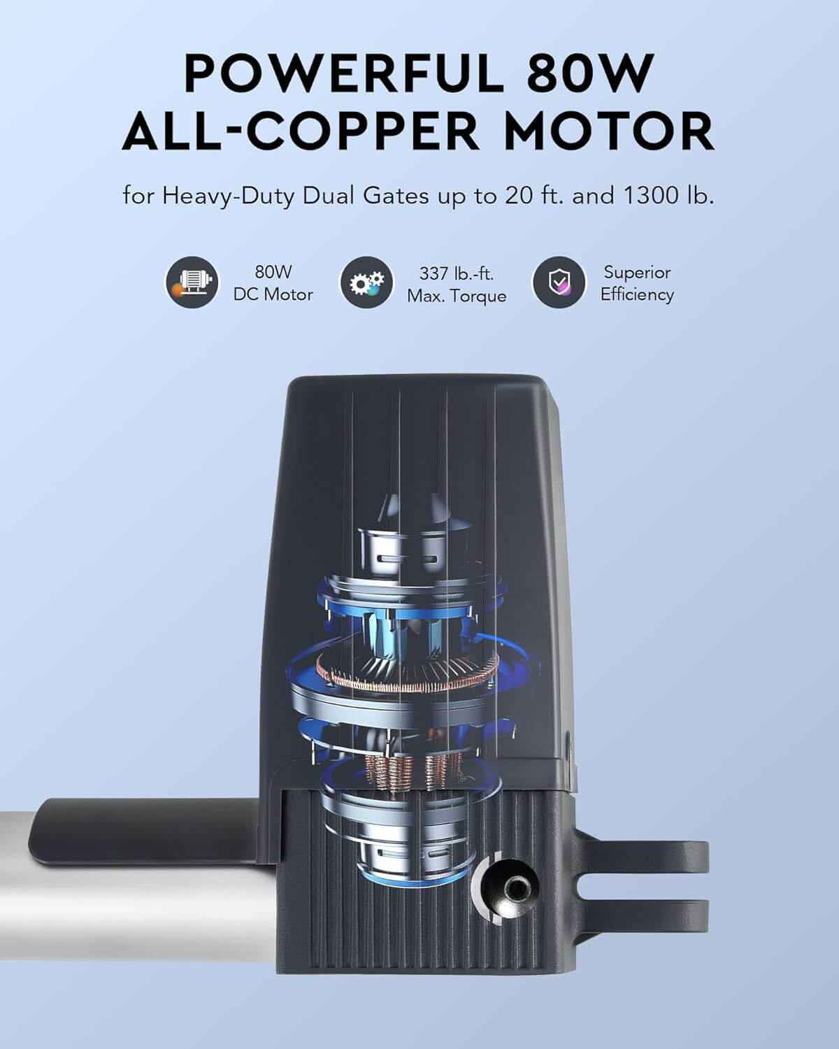 Sigma SW-350 Swing Gate Opener with powerful 80W all-copper motor for dual gates up to 20 ft and 1300 lb, featuring superior efficiency.