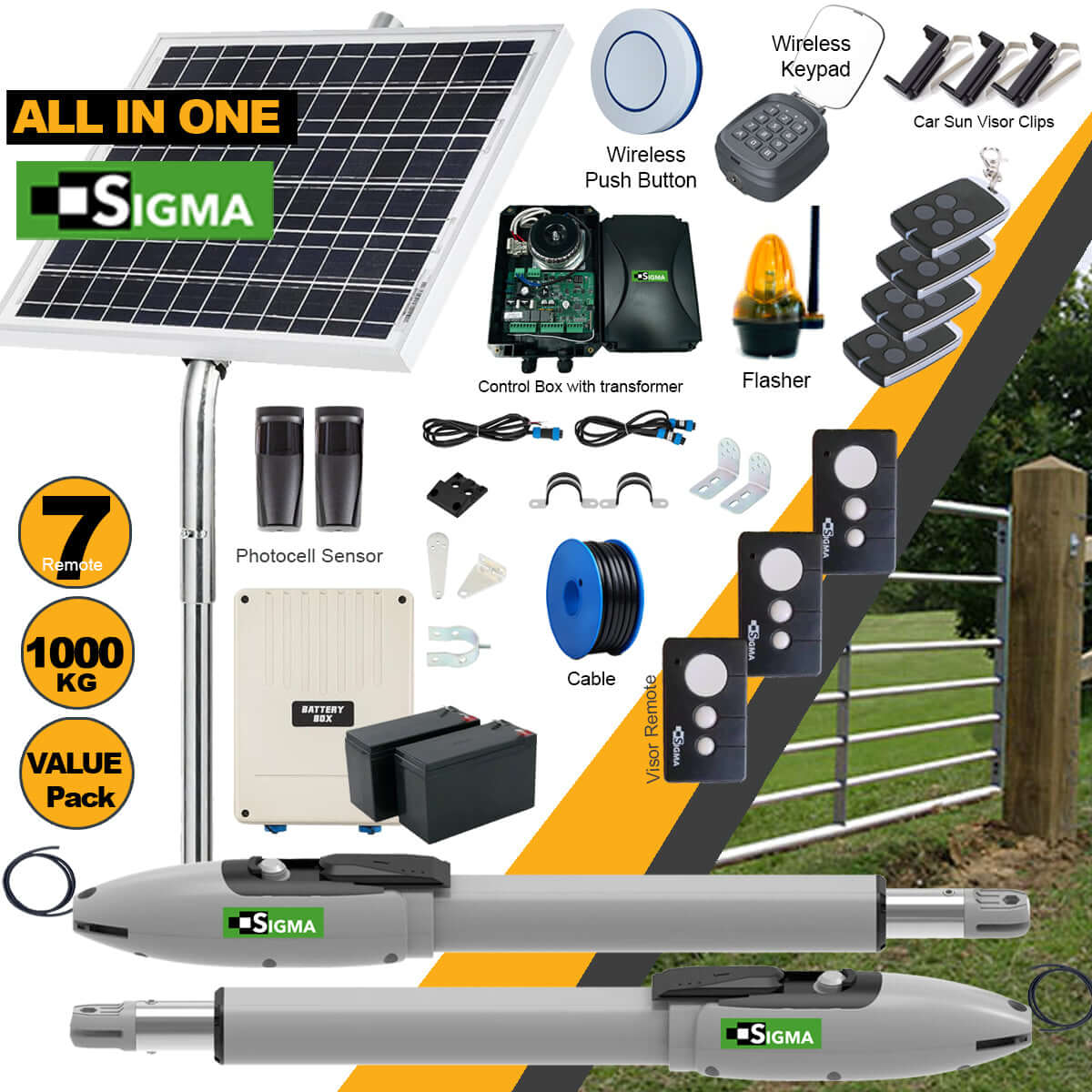 SIGMA SW-300 Full Farm Solar Double Swing Gate Opener Kit with accessories for driveway gate remote control and access management.