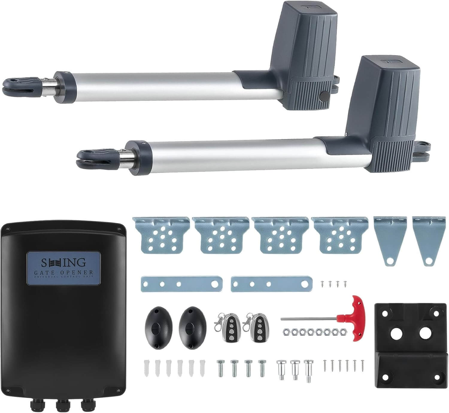 Sigma SW-350 swing gate opener kit with two motors, remote controls, and installation hardware, ideal for secure gate automation.