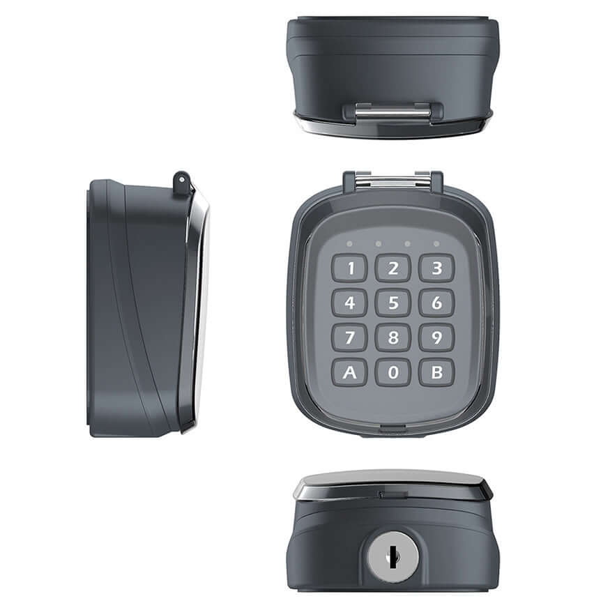 Black electronic keypad lock device with numeric buttons and side view, top view, and bottom view shown.