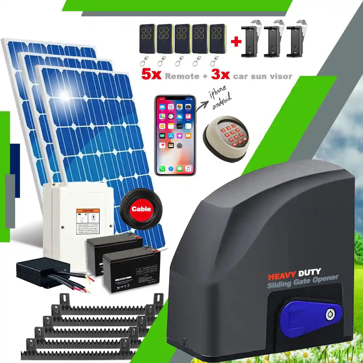 Smart solar-powered sliding gate opener kit with wireless keypad, smartphone app control, 5 remote controls, 3 car sun visors, batteries, solar panels, and gear rack system. I Garageway