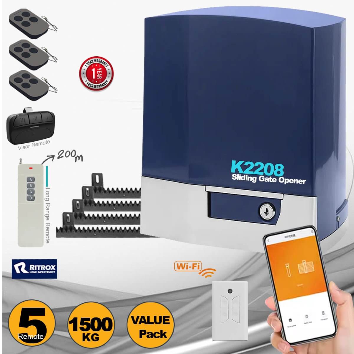 Smart RITROX K2208 AC 1500kg Sliding Gate Opener Wi-Fi for 4-8m Gates