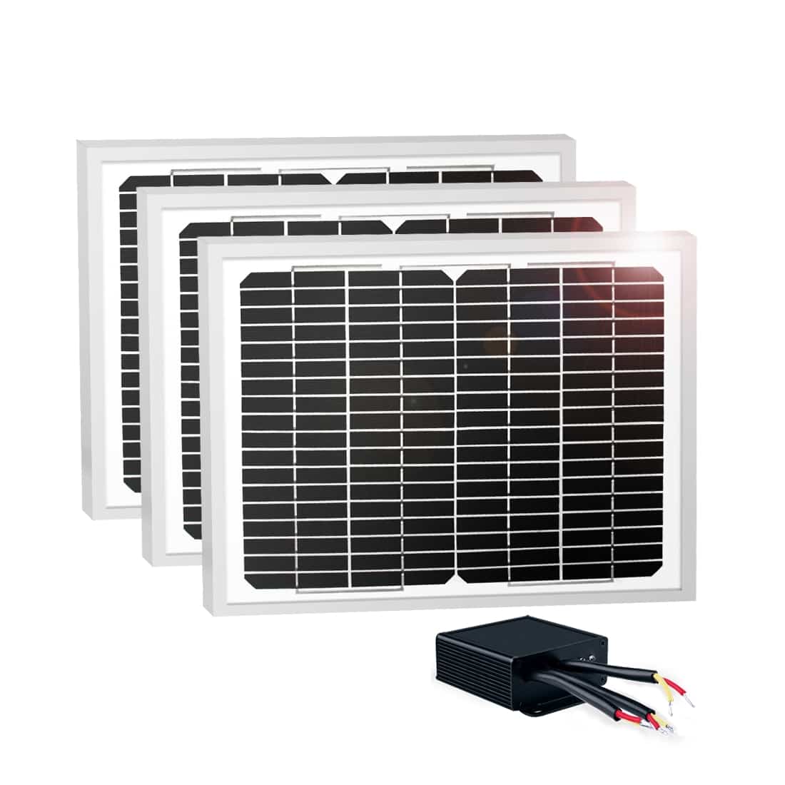 Three solar panels and control box for RITROX RXD365S Garageway gate opener, highlighting renewable energy components.