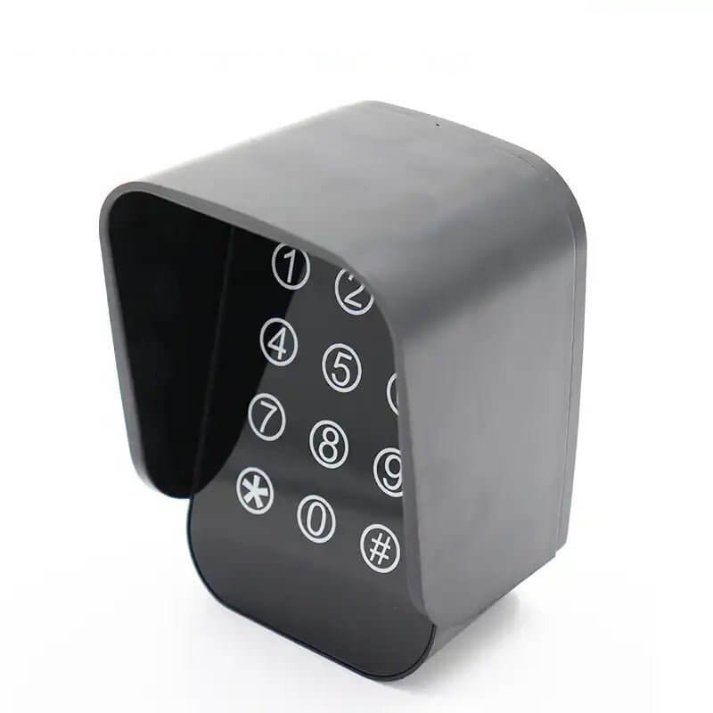 Black keypad entry system for secure access, featuring numbers 0 to 9 enclosed in a protective casing. Ideal for garages and gates.