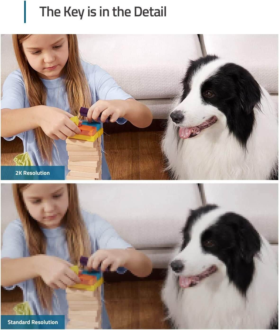 Comparison of 2K resolution vs standard with Solo IndoorCam P24 highlighting detailed image of a child and dog.