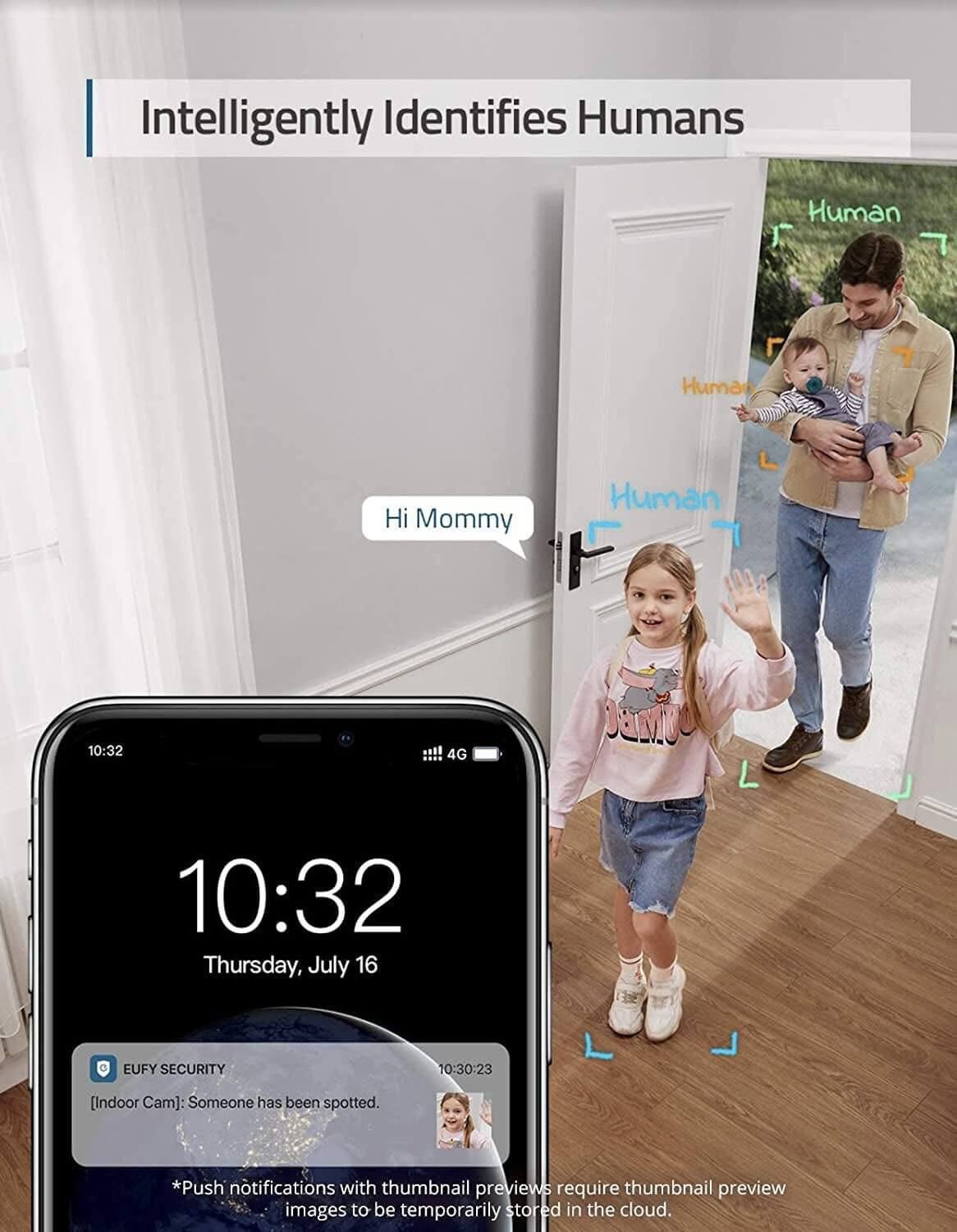 Solo IndoorCam P24 with motion tracking, identifies humans and sends security alerts to smartphone, shown in a home setting.