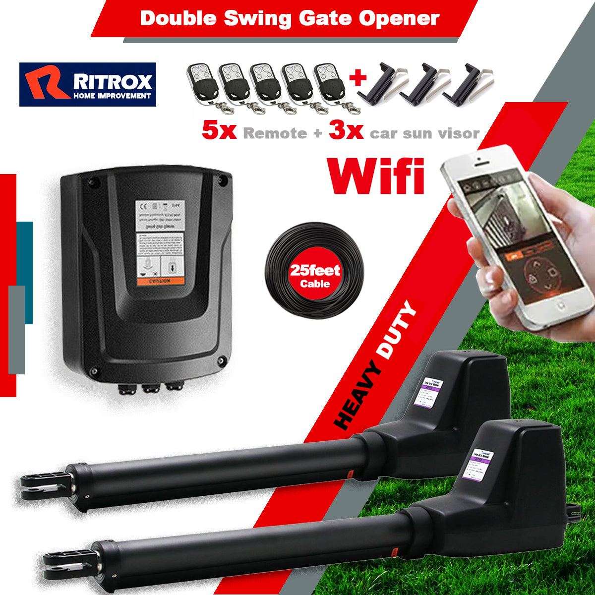 Ritrox Wifi Swing Gate Opener RX602 Heavy Duty Automatic kit 1000kg 5x Remote 7.5m Cable new version WIFI APP - Garageway.com.au