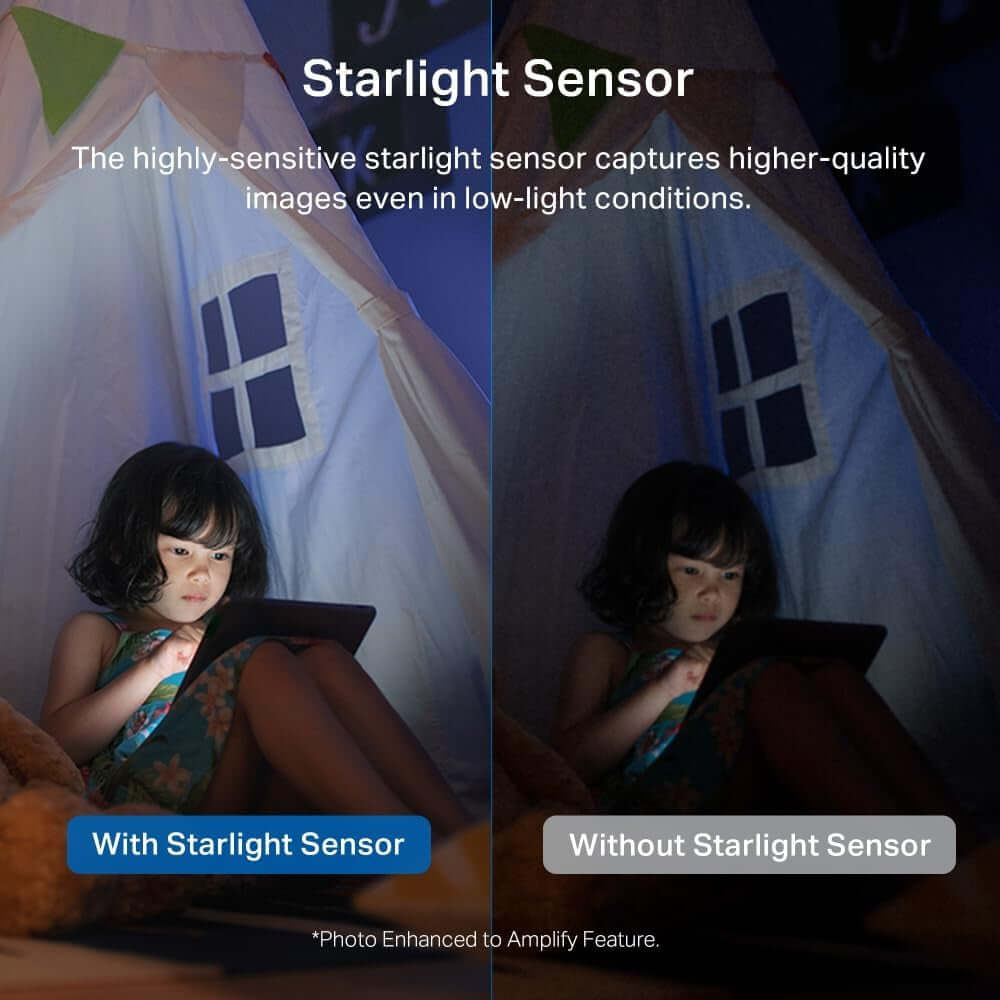 Side-by-side comparison of starlight sensor effect on image quality in low light conditions with a child using a tablet.