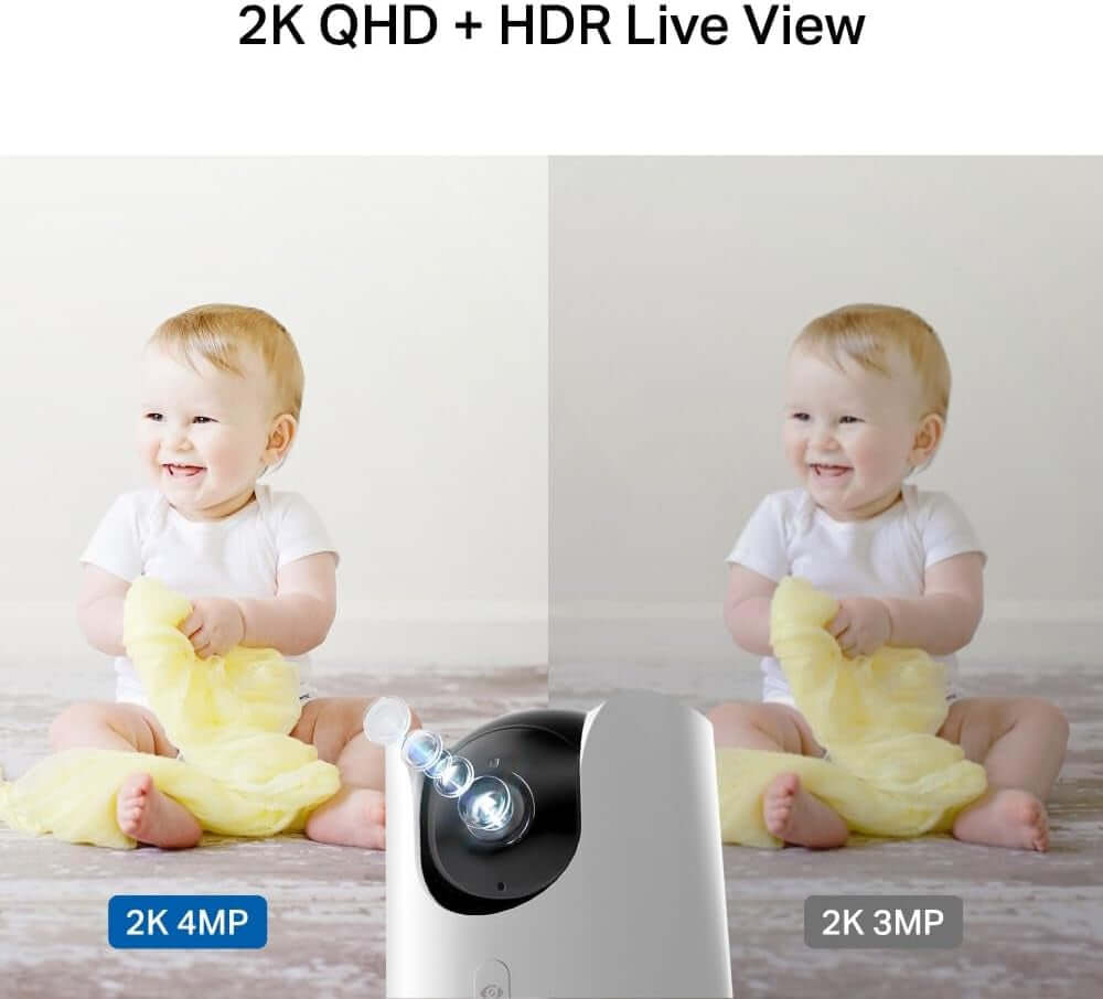 Comparison of 2K QHD and HDR live view showing image quality difference between 4MP and 3MP with Tapo C225 Smart AI Indoor Camera.