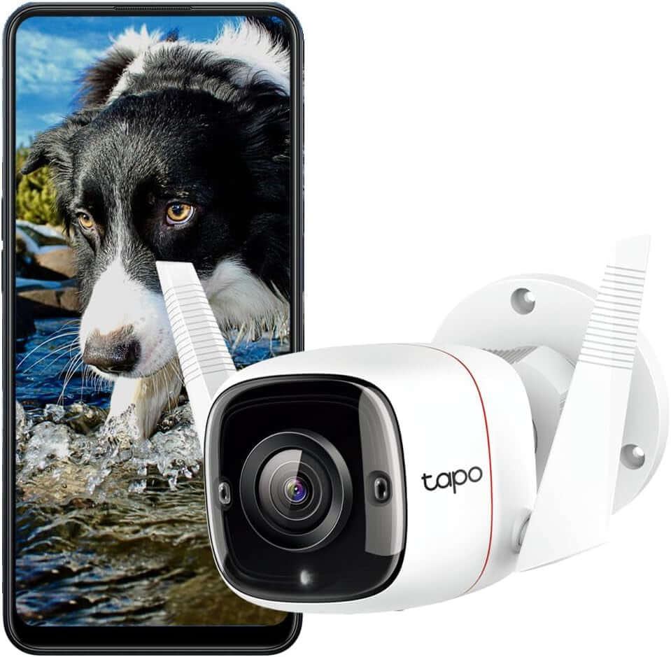 Tapo C310 smart outdoor security camera with AI motion detection and advanced night vision next to smartphone displaying camera footage.
