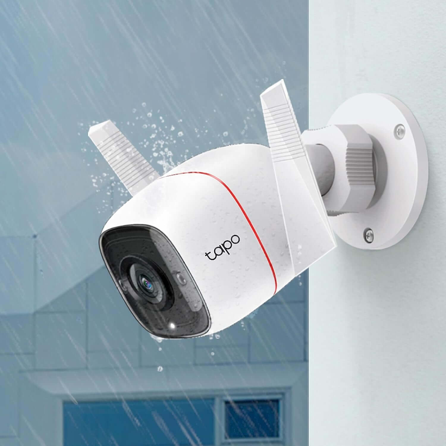 Tapo C310 Smart Outdoor Security Camera mounted, waterproof IP66, 3MP resolution, wired/wireless, AI motion detection, night vision.
