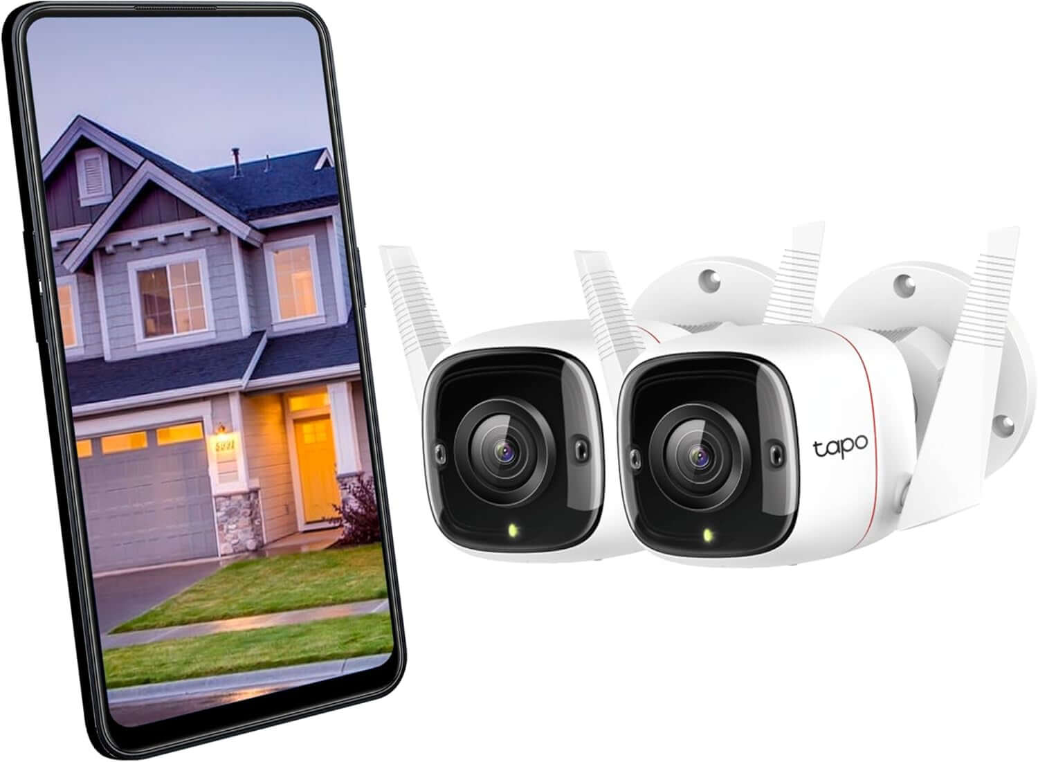 Tapo C310 Smart Outdoor Security Camera with smartphone display showing home surveillance, featuring 3MP, AI motion detection, night vision.