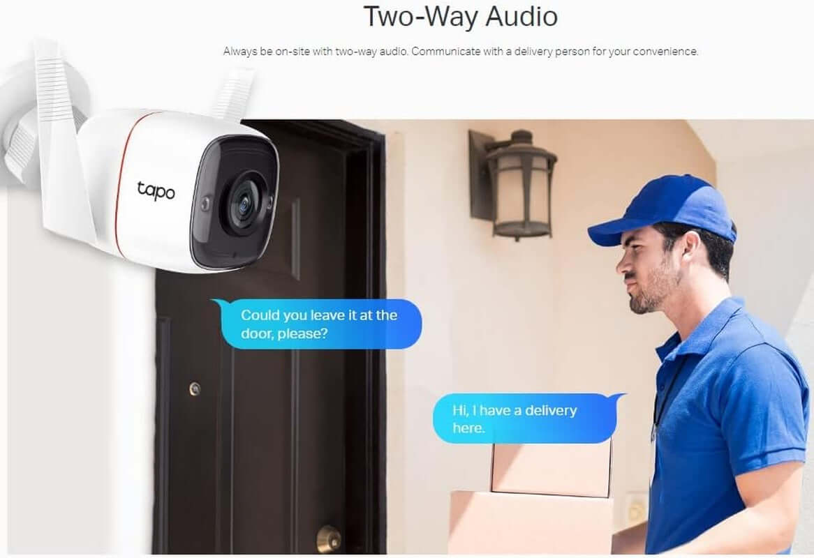 Tapo C310 smart outdoor security camera with two-way audio showing interaction between camera and delivery person at door.