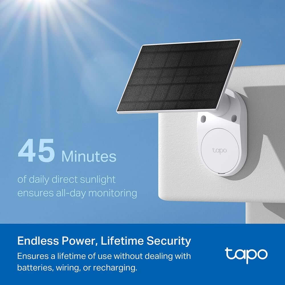 Tapo C410 Solar Wireless Security Camera with solar panel mounted outdoors for 24/7 surveillance, featuring 'Endless Power, Lifetime Security' slogan.