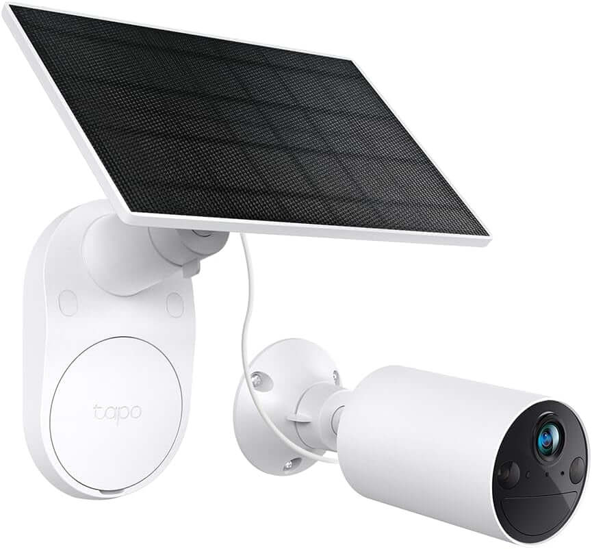 Tapo C410 Solar Wireless Security Camera with solar panel, 2K 3MP resolution, color night vision, IP65 weatherproof, app control.