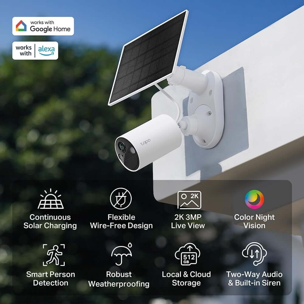 Tapo C410 Solar Wireless Security Camera with 2K 3MP, color night vision, IP65, person detection, app control, mounted outdoors.