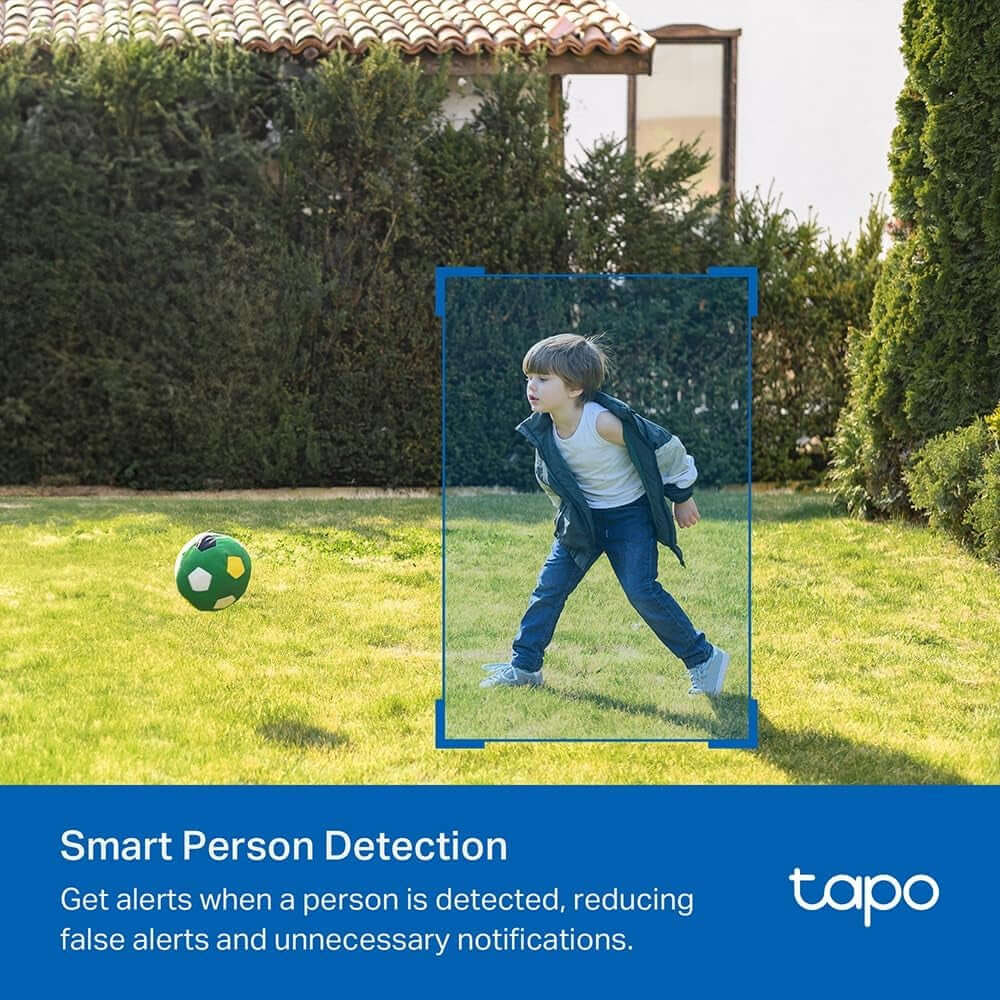 Boy detected by Tapo C410 Solar Security Camera's person detection feature in a yard with a ball, showcasing smart alert system.