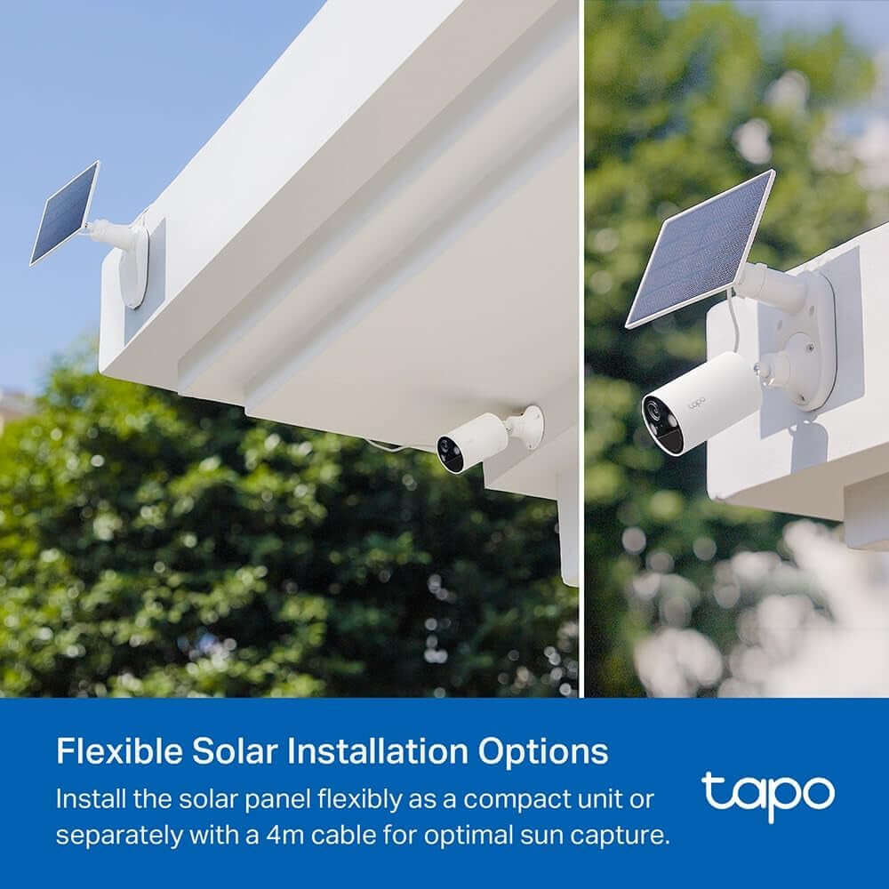 Tapo C410 Solar Wireless Security Camera with flexible installation options for optimal sun capture on exterior wall.