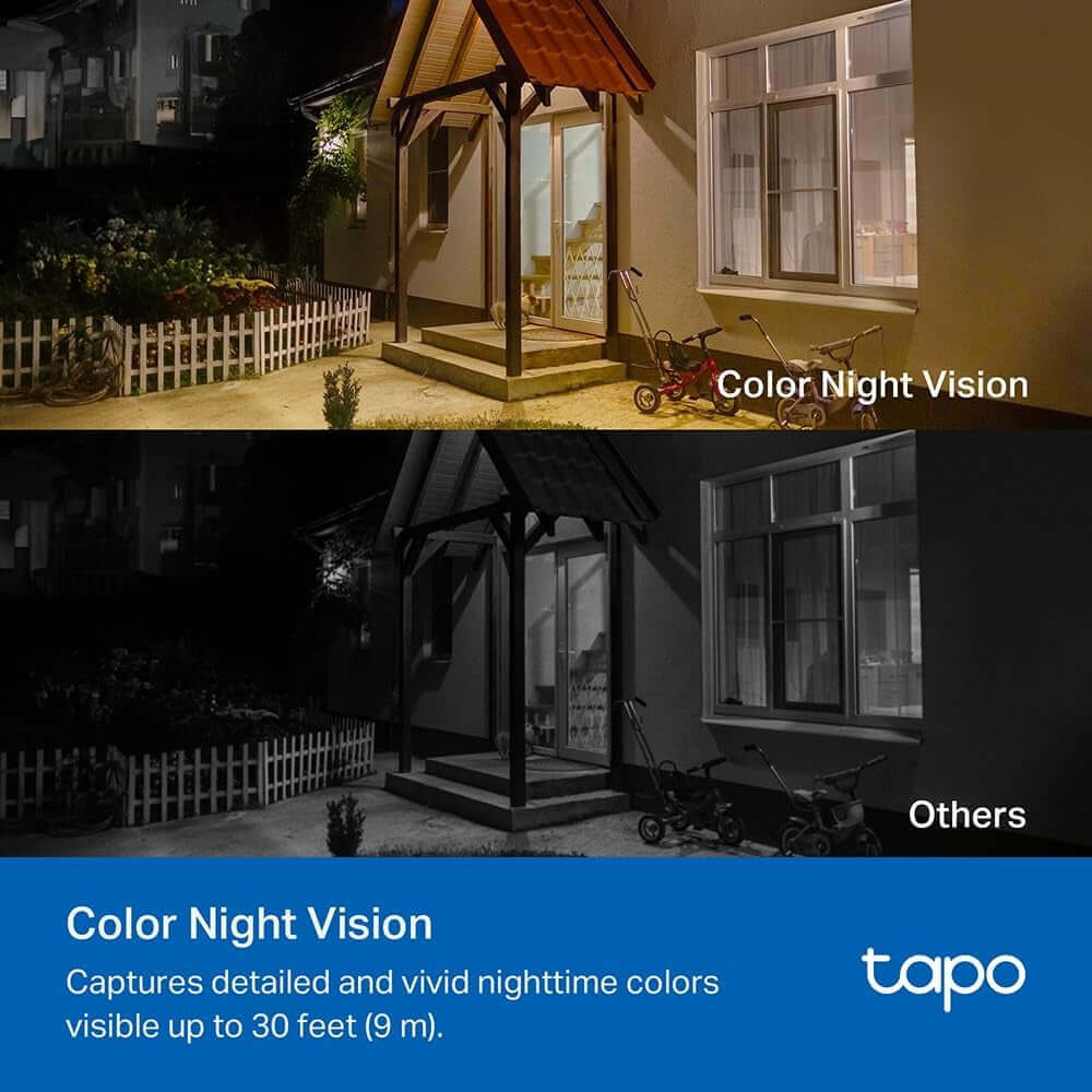 Tapo C410 camera showcasing color night vision clarity in a garden setting, with visible details and colors contrasted with standard night vision.