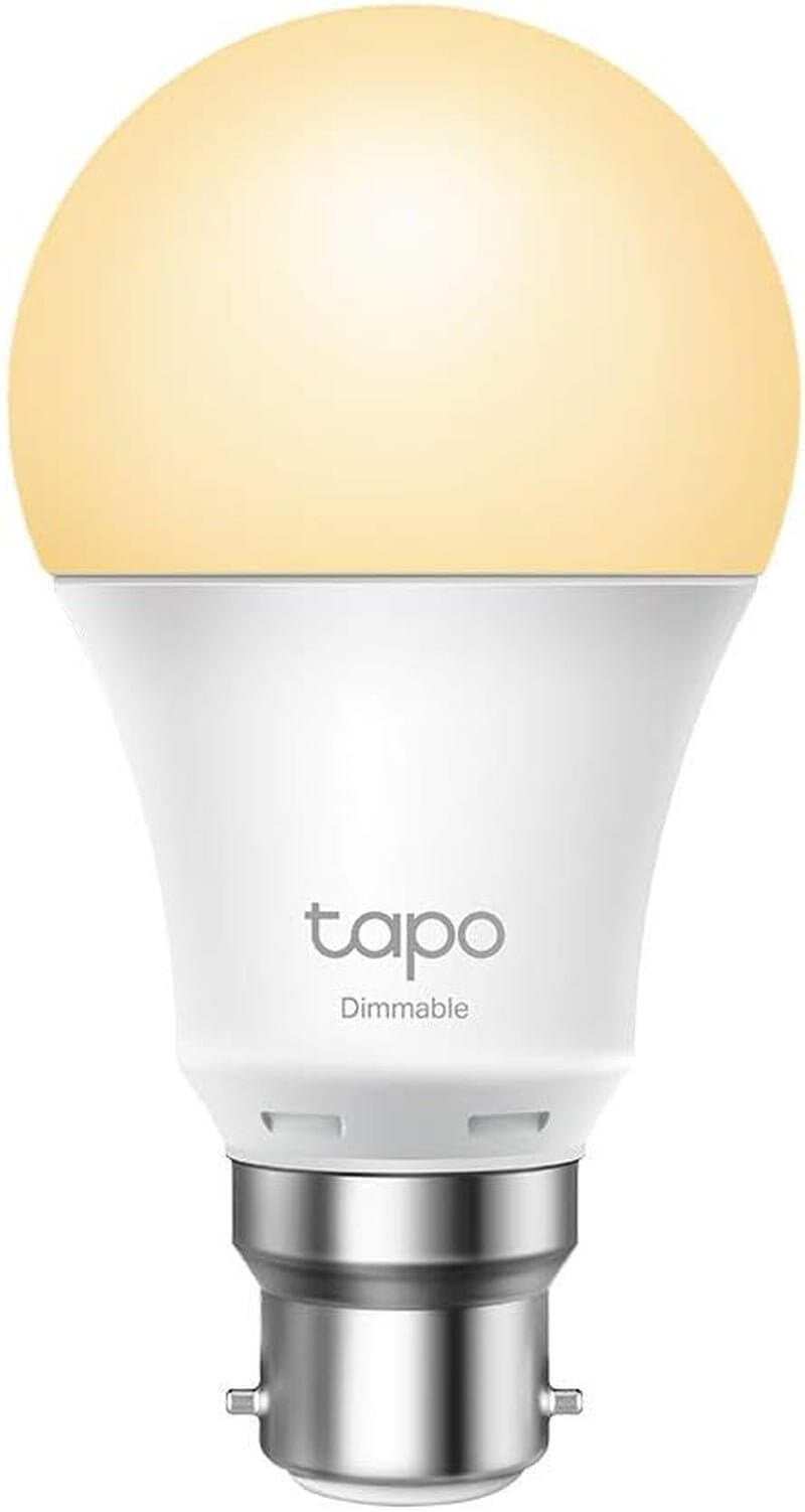 Tapo smart light bulb B22, dimmable warm white LED, 8.7W, Wi-Fi, Alexa/Google compatible, energy-saving, adjustable brightness.