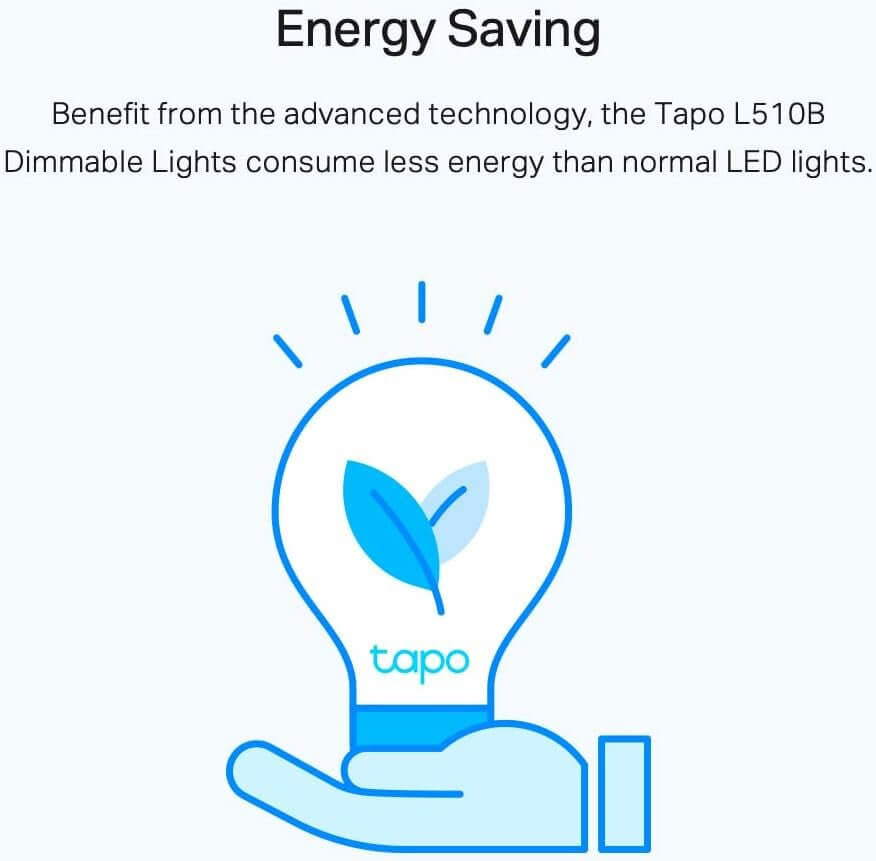 Illustration of Tapo light bulb in hand symbolizing energy saving technology.