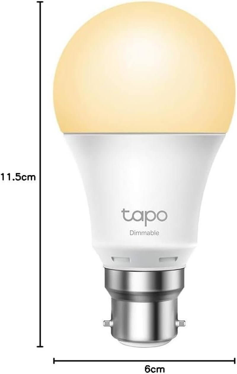 Tapo Smart Light Bulb B22, Wi-Fi LED, 8.7W, warm white, dimmable, Alexa/Google compatible, with energy-saving features.