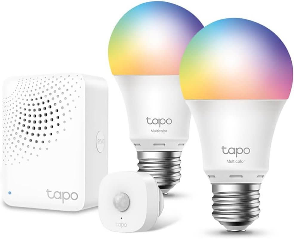 Tapo smart light bulb set with Wi-Fi LED multicolor bulbs, compatible with Alexa and Google, energy saving and dimmable feature.