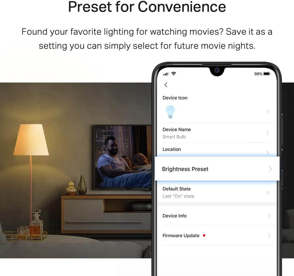 Room with Tapo Smart Light Bulb preset for movie nights; dimmable warm lighting controlled via smartphone app.