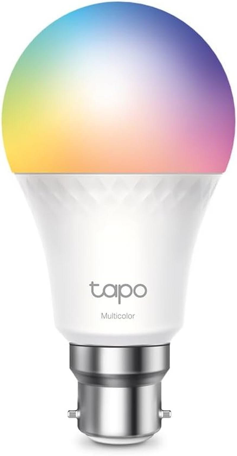 Tapo Smart Light Bulb B22 Wi-Fi LED, dimmable, energy-saving, compatible with Alexa and Google, warm white color.