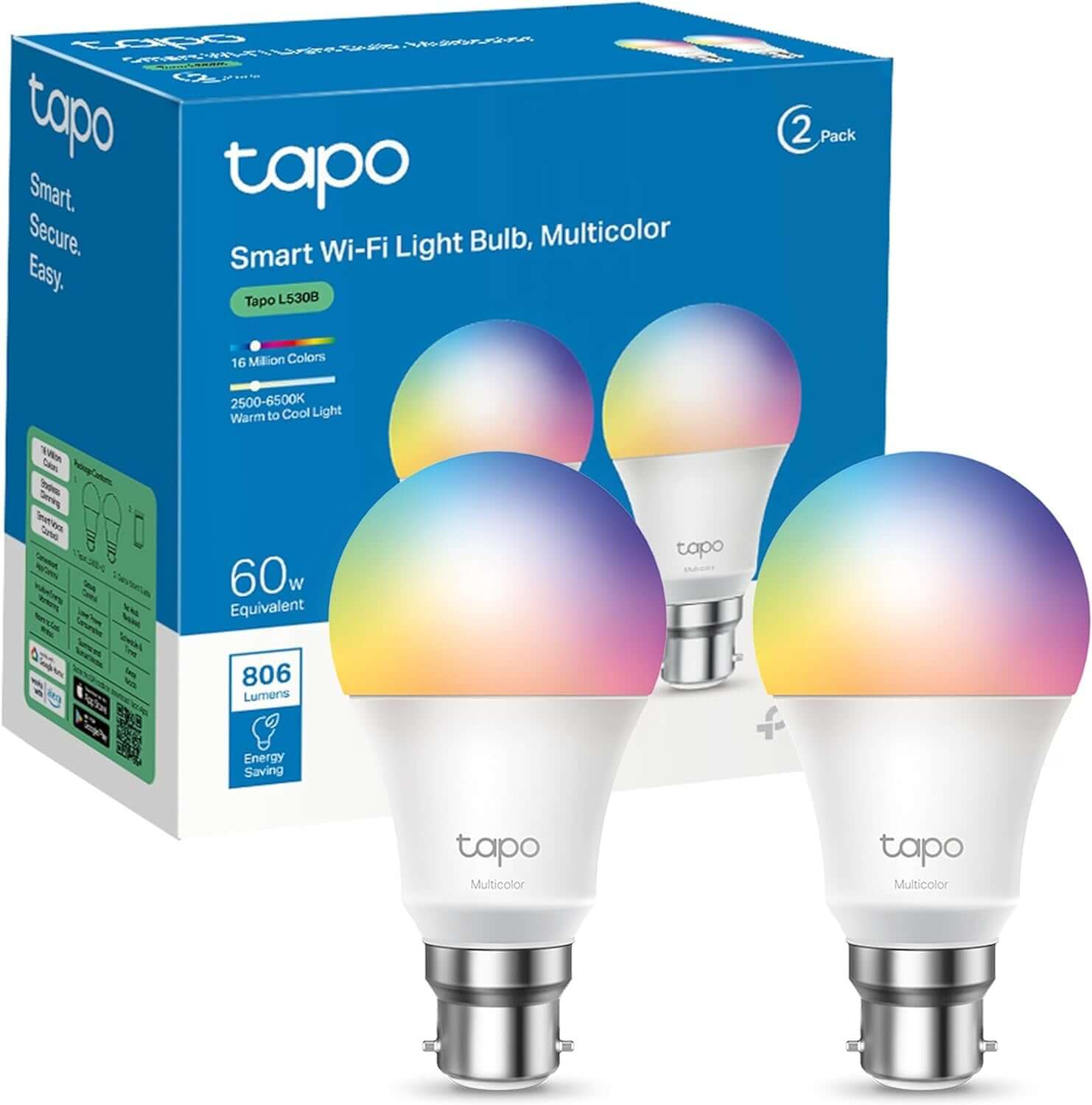 Tapo Smart Wi-Fi Multicolor Light Bulb B22, 806 Lumens, Energy Saving, Compatible with Alexa and Google, Box and Two Bulbs Displayed
