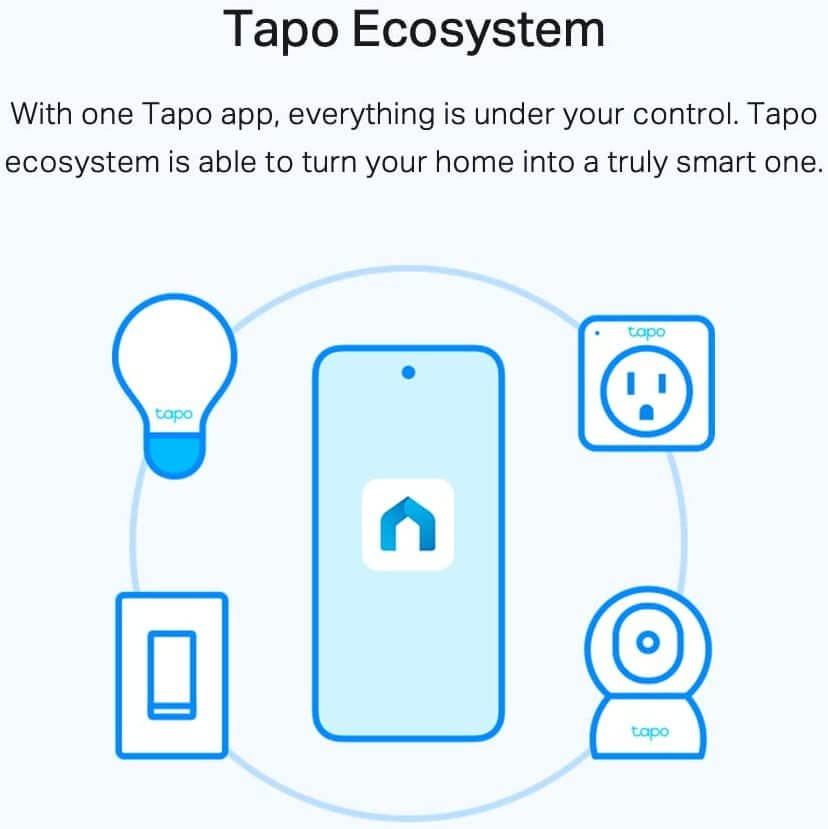 Illustration of Tapo ecosystem showing smart light bulb, plug, switch, app, and camera icons with text about smart home control.