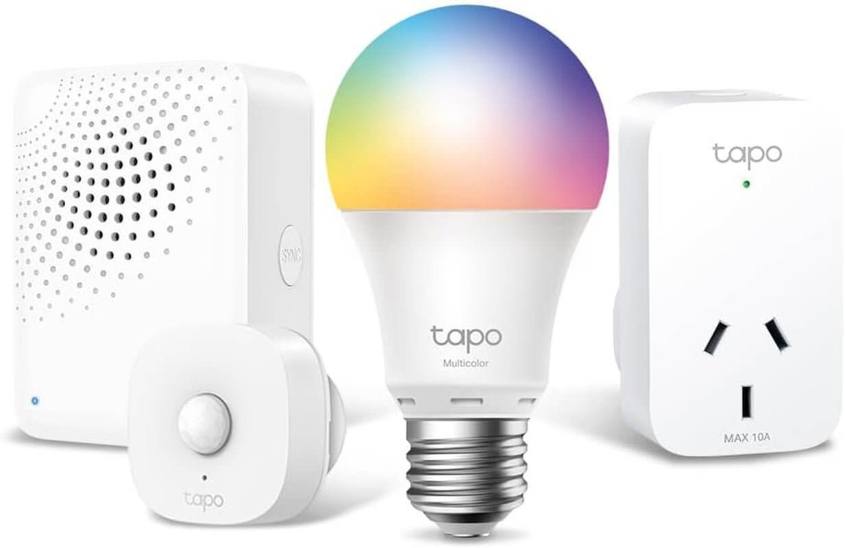 Tapo smart home devices including a multicolor LED bulb, plug, and sensor for energy-efficient home automation.