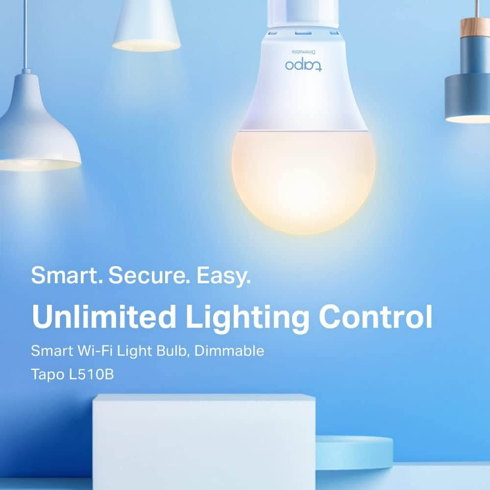 Tapo L510B Smart Wi-Fi Light Bulb showcasing unlimited lighting control with dimmable feature in blue room setting.