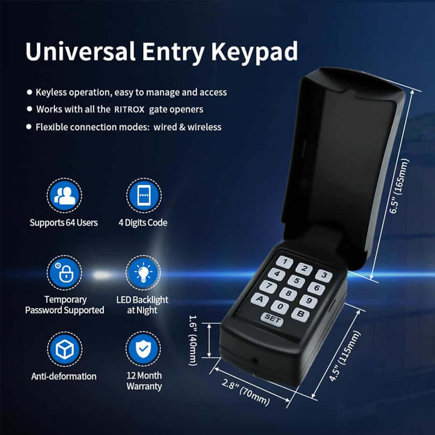 Universal entry keypad with keyless operation, supports 64 users, 4-digit code, LED backlight, and 12-month warranty for RITROX gate openers.