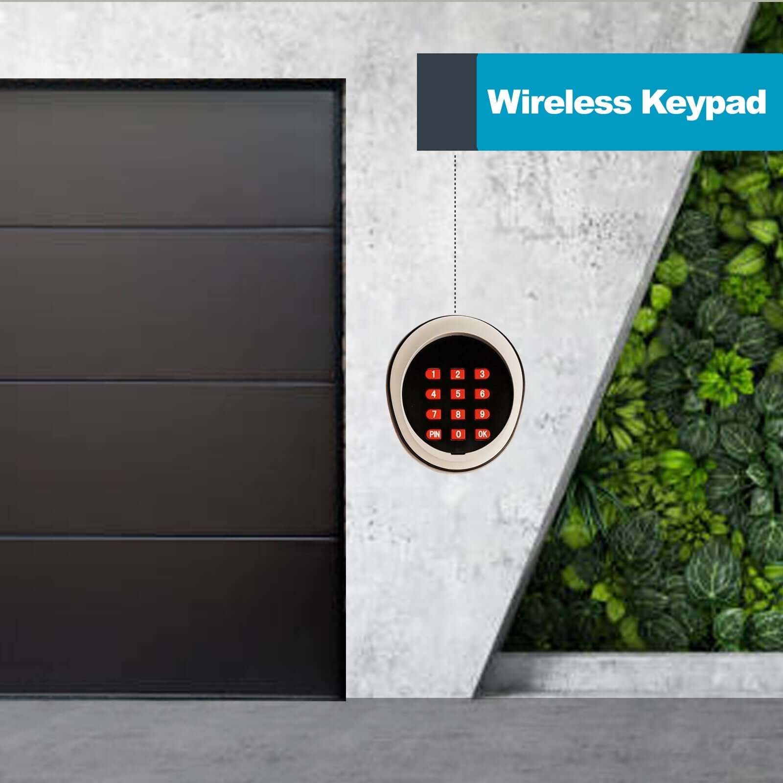 Modern garage with wireless keypad entry, featuring sleek black door and vertical garden.