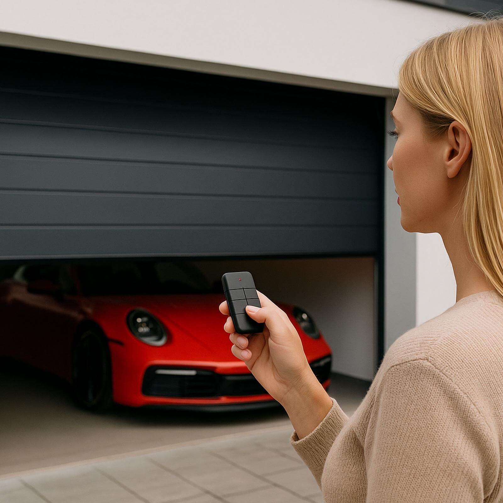Woman using a remote to open a garage door, with a red car visible inside. Modern automatic garage opener in action.