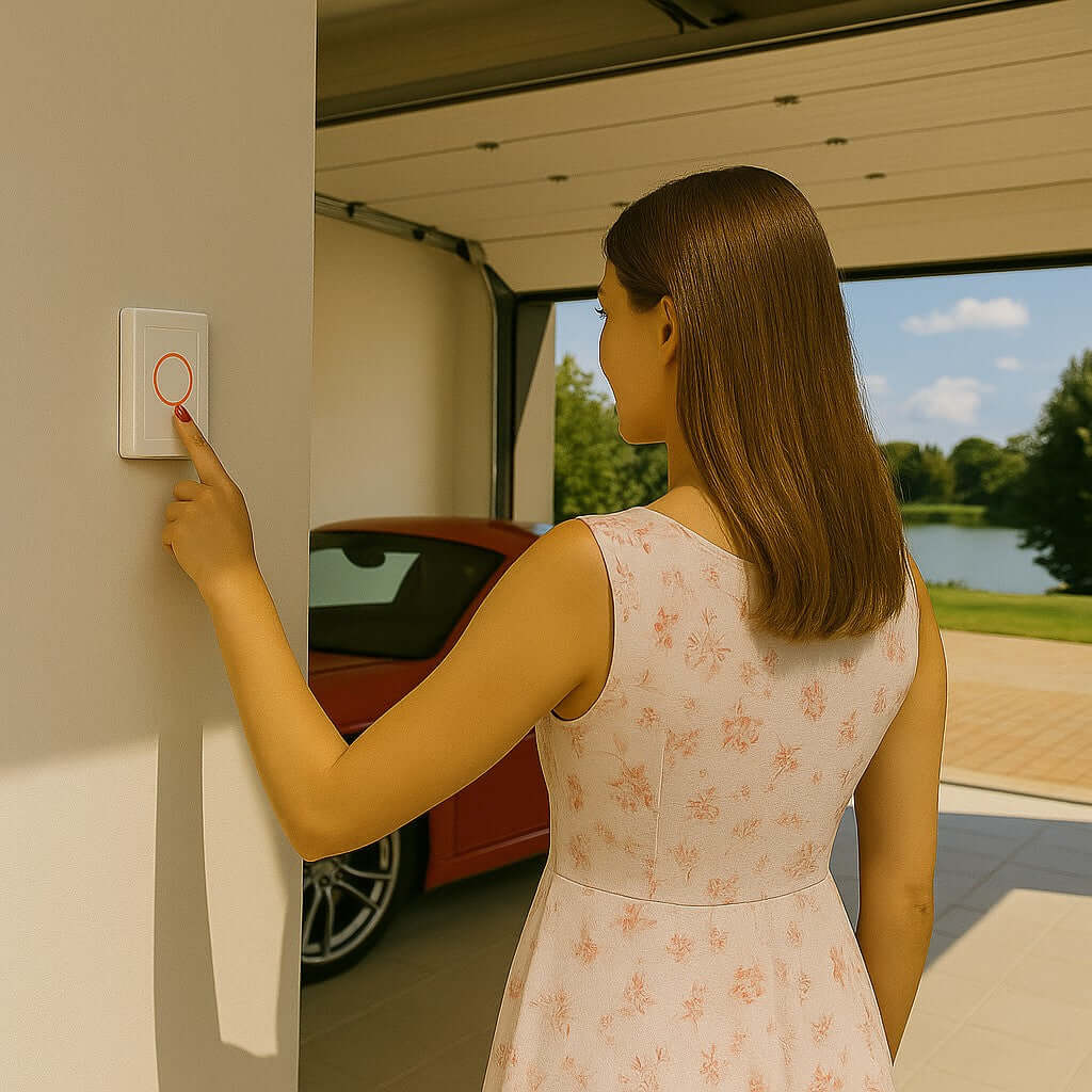 Woman operating garage door opener in driveway